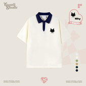 Guozii2025新款 女学院风趣味印花休闲上衣 polo衫 猫吃鱼情侣装 短袖