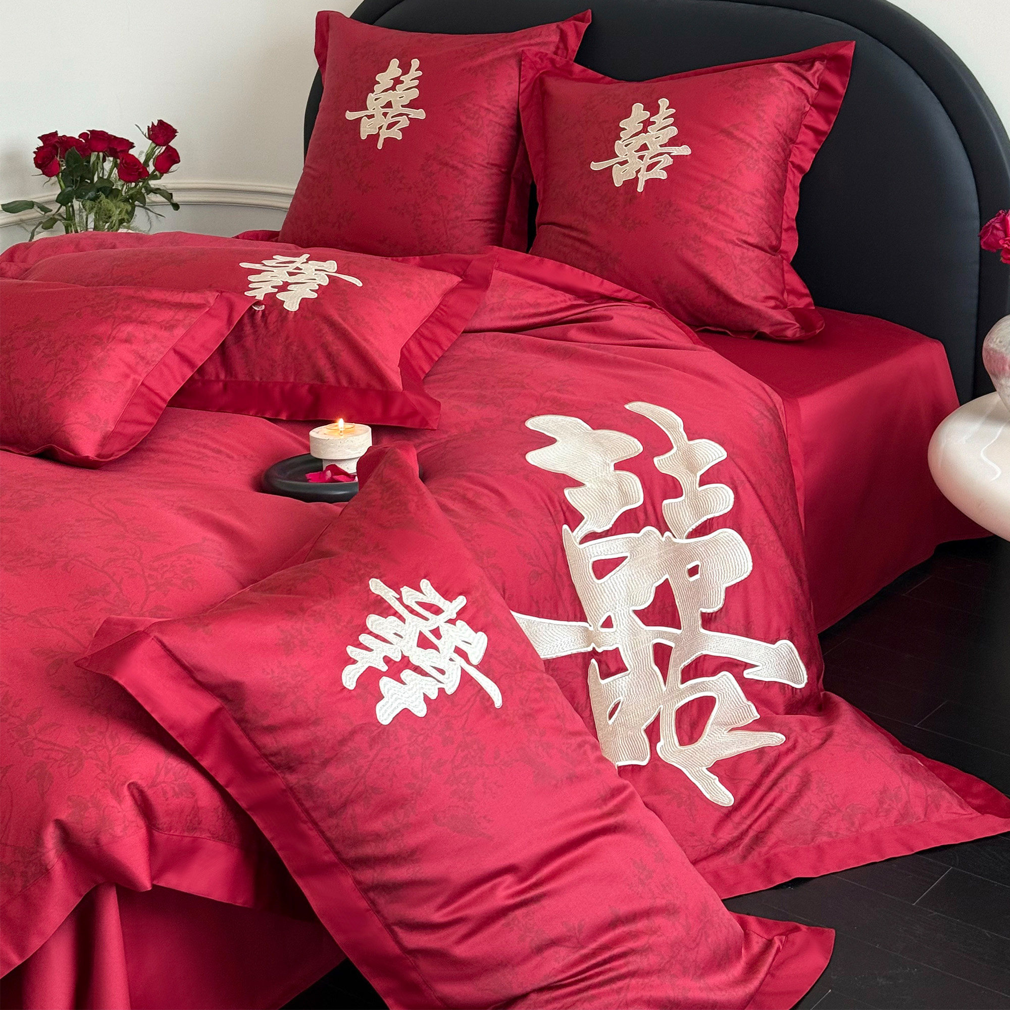 中式金色大喜字刺绣婚庆四件套全棉数码印花红色结婚被套床单床笠