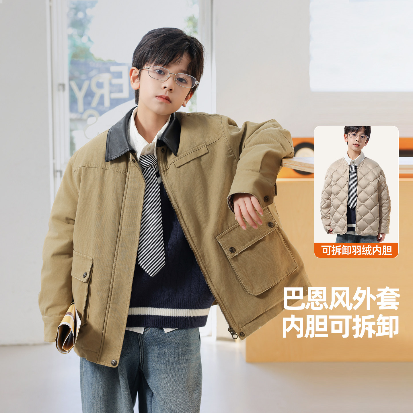 男童冬季翻领夹克羽绒服2025新款儿童90白鸭绒可拆卸内胆防寒上衣