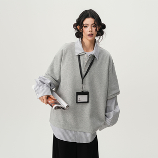 覆古小众高级感宽松POLO衫 BWKA学院风条纹拼接假两件卫衣女男春季