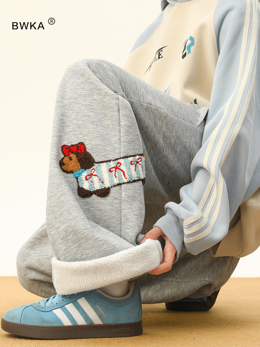 腊肠小狗刺绣加绒卫裤女男冬季潮牌加厚保暖棉裤羊羔绒阔腿休闲裤