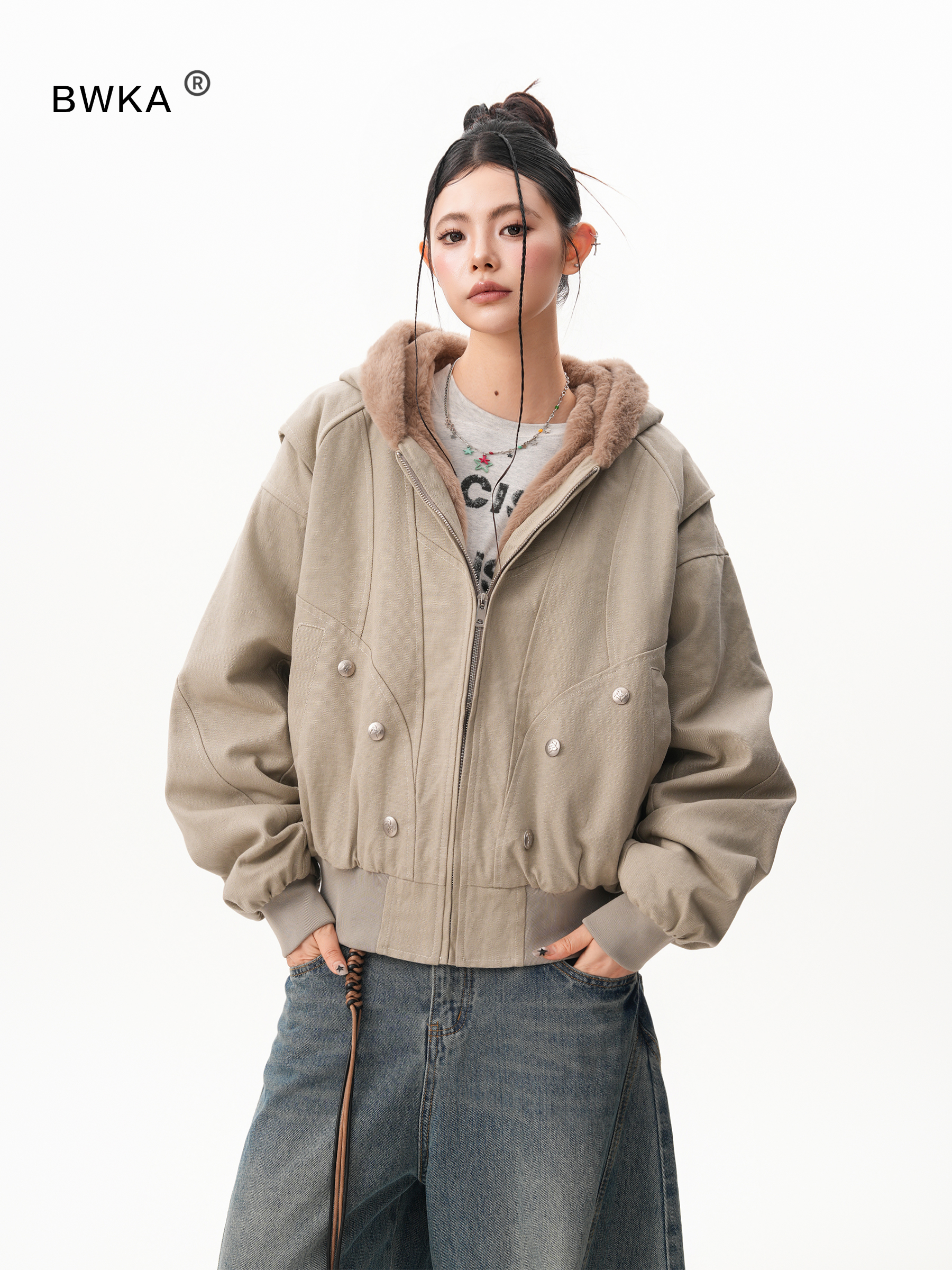 座山雕加绒连帽棉服女男冬季重磅加厚保暖外套水洗帆布工装夹克潮