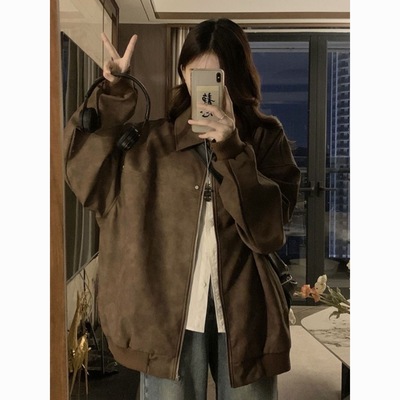 美式复古棕色翻领外套女2025春秋款仿麂皮绒高级情侣百搭休闲夹克