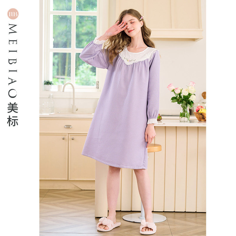 美标春秋新款长袖纯棉睡裙女复古宫廷风甜美全棉睡衣蕾丝家居服冬