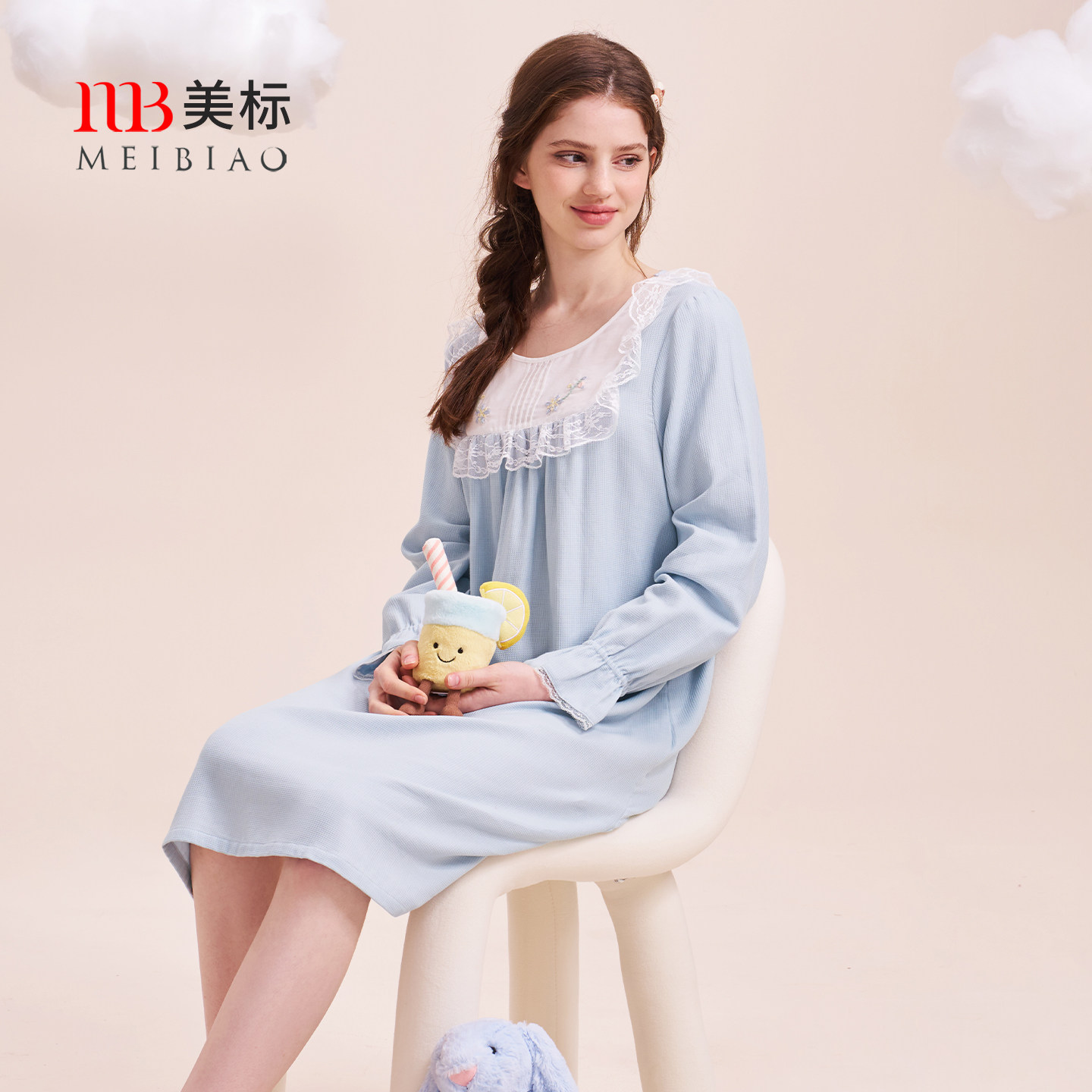 美标新款春秋长袖纯棉睡裙女复古宫廷风甜美蕾丝全棉睡衣家居服冬