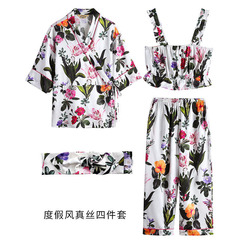 美标重磅真丝睡衣度假四件套装女春夏丝绸100%桑蚕丝可外出家居服