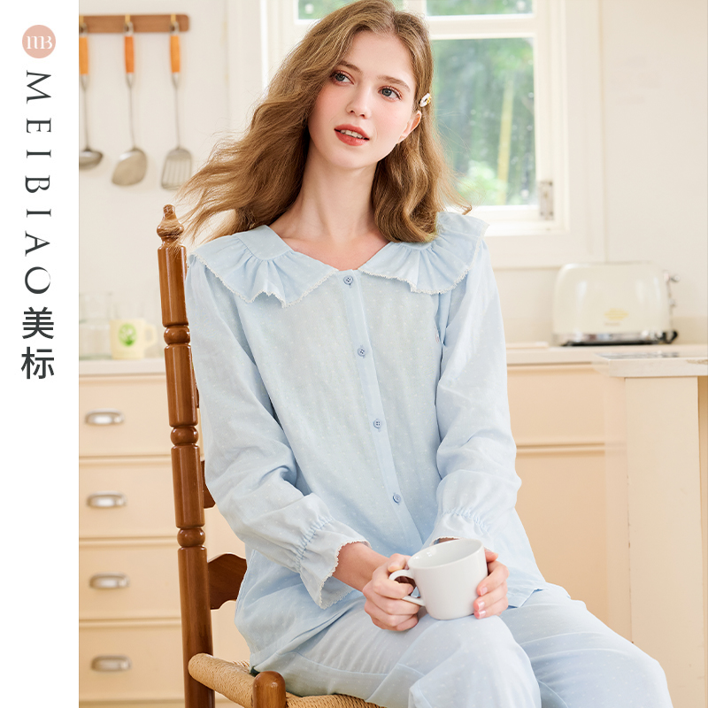 美标新款长袖纯棉睡衣套装女春秋双层棉纱甜美刺绣全棉质家居服夏