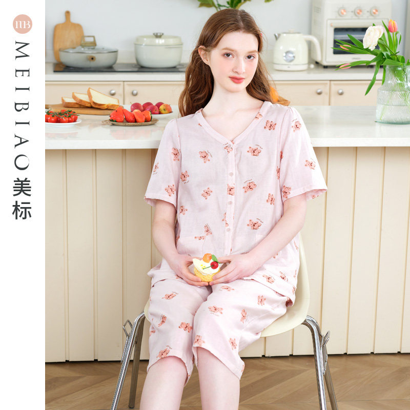 美标新款短袖纯棉睡衣套装女春夏薄款甜美双层棉纱休闲全棉家居服