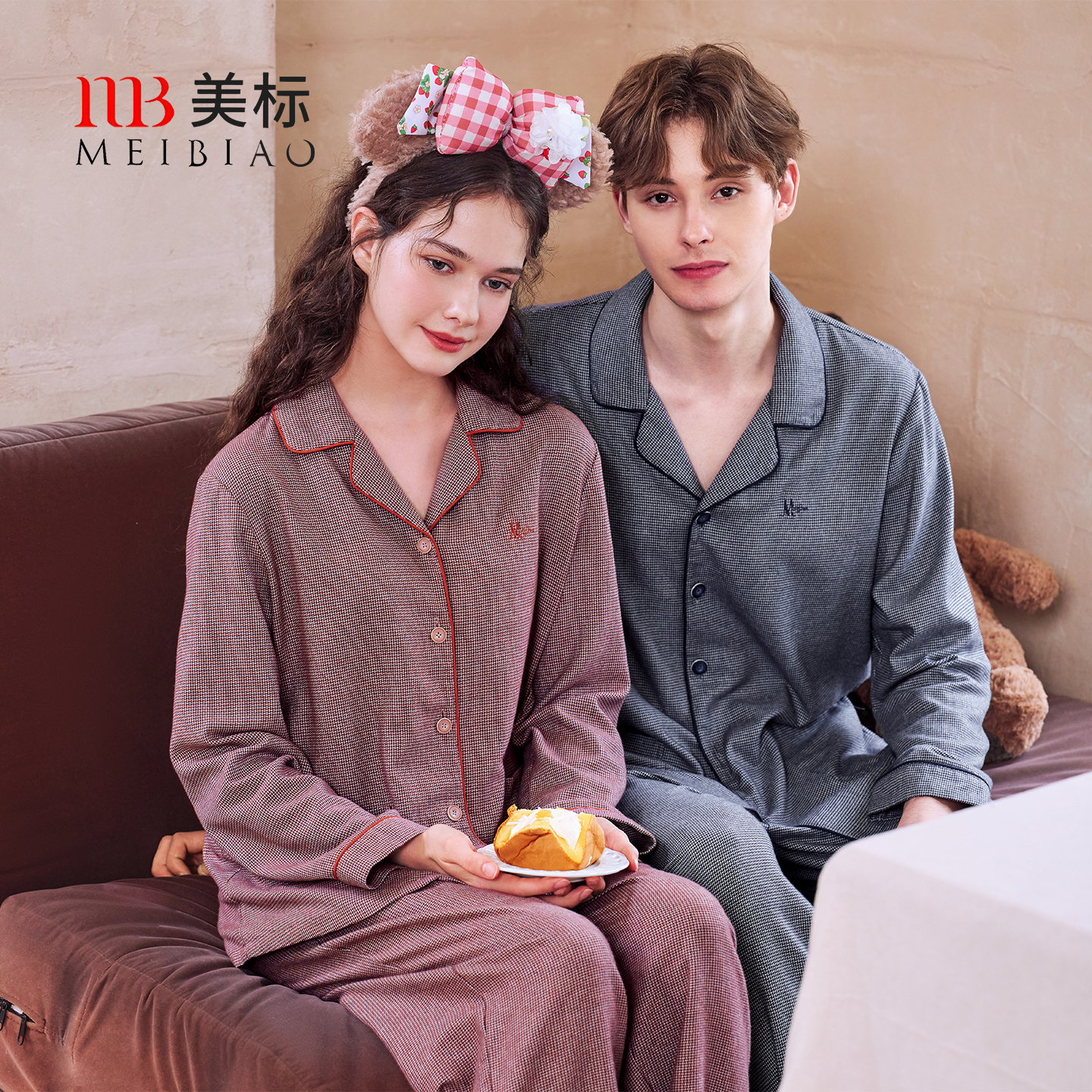 美标春秋新款长袖情侣纯棉睡衣套装女可外穿全棉千鸟格家居服男冬