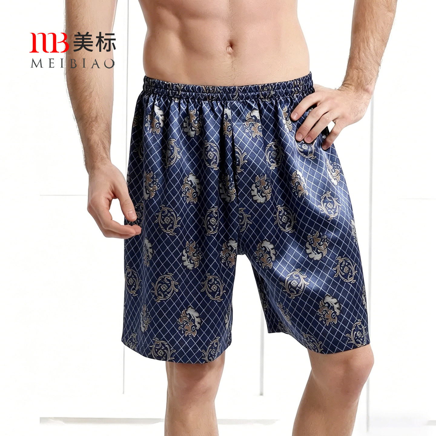 美标夏季男士短裤真丝沙滩桑蚕丝休闲平角舒适家居裤中裤丝绸睡裤