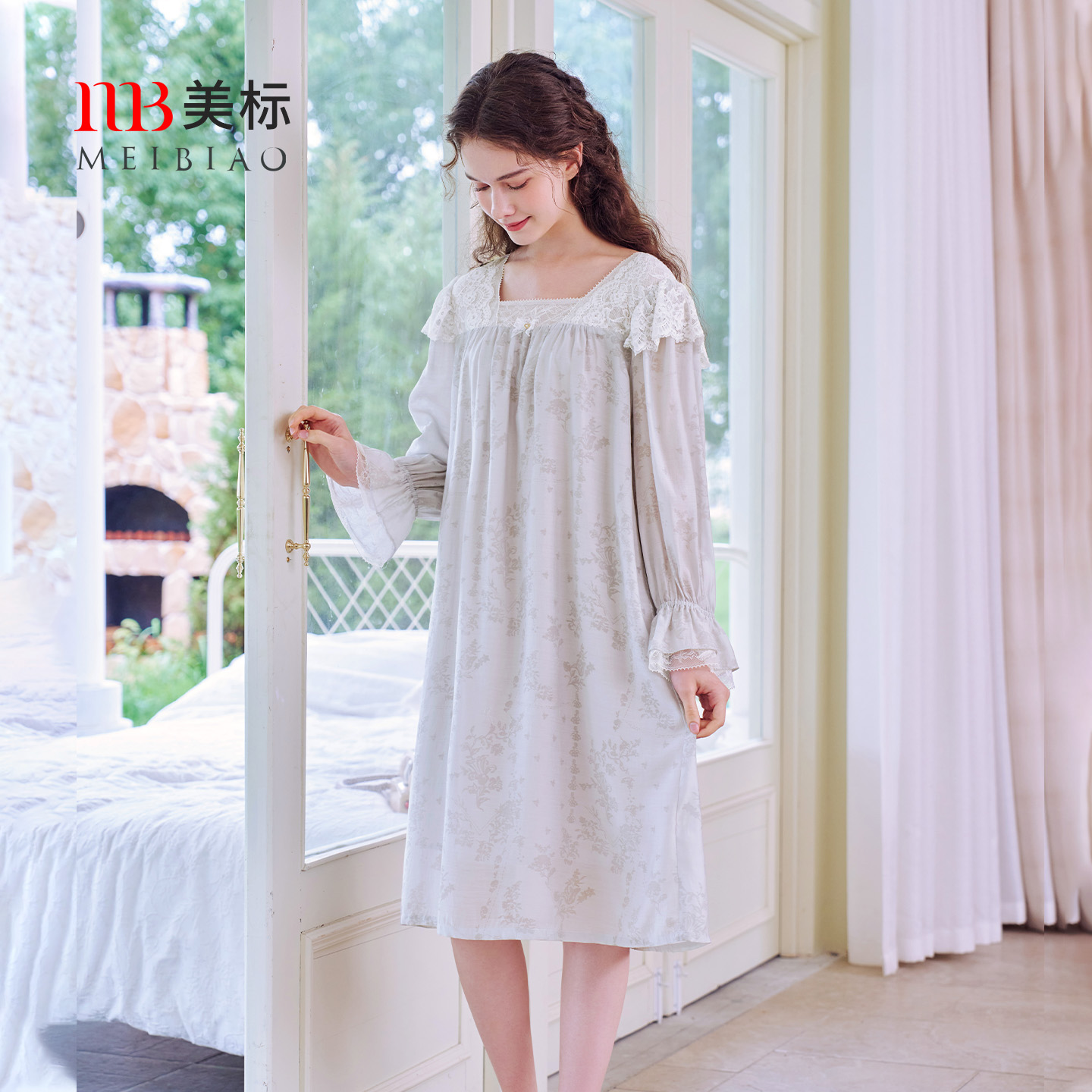 美标梭织印花长袖公主风睡裙