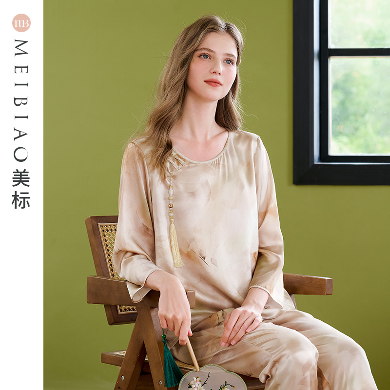美标九分袖真丝睡衣套装女春秋19姆米重磅桑蚕丝中国风印花家居服