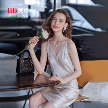 美标吊带真丝睡裙女春夏桑蚕丝性感蕾丝睡衣凉感丝绸带胸垫家居服