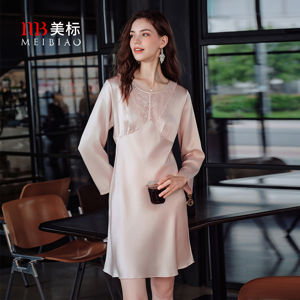 美标100%桑蚕丝长袖花边睡裙