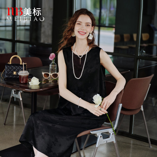 美标女蚕丝提花夏季优雅无袖睡裙