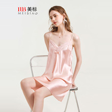美标真丝睡衣女夏100%桑蚕丝绸家居服可外穿性感纯欲蕾丝吊带睡裙