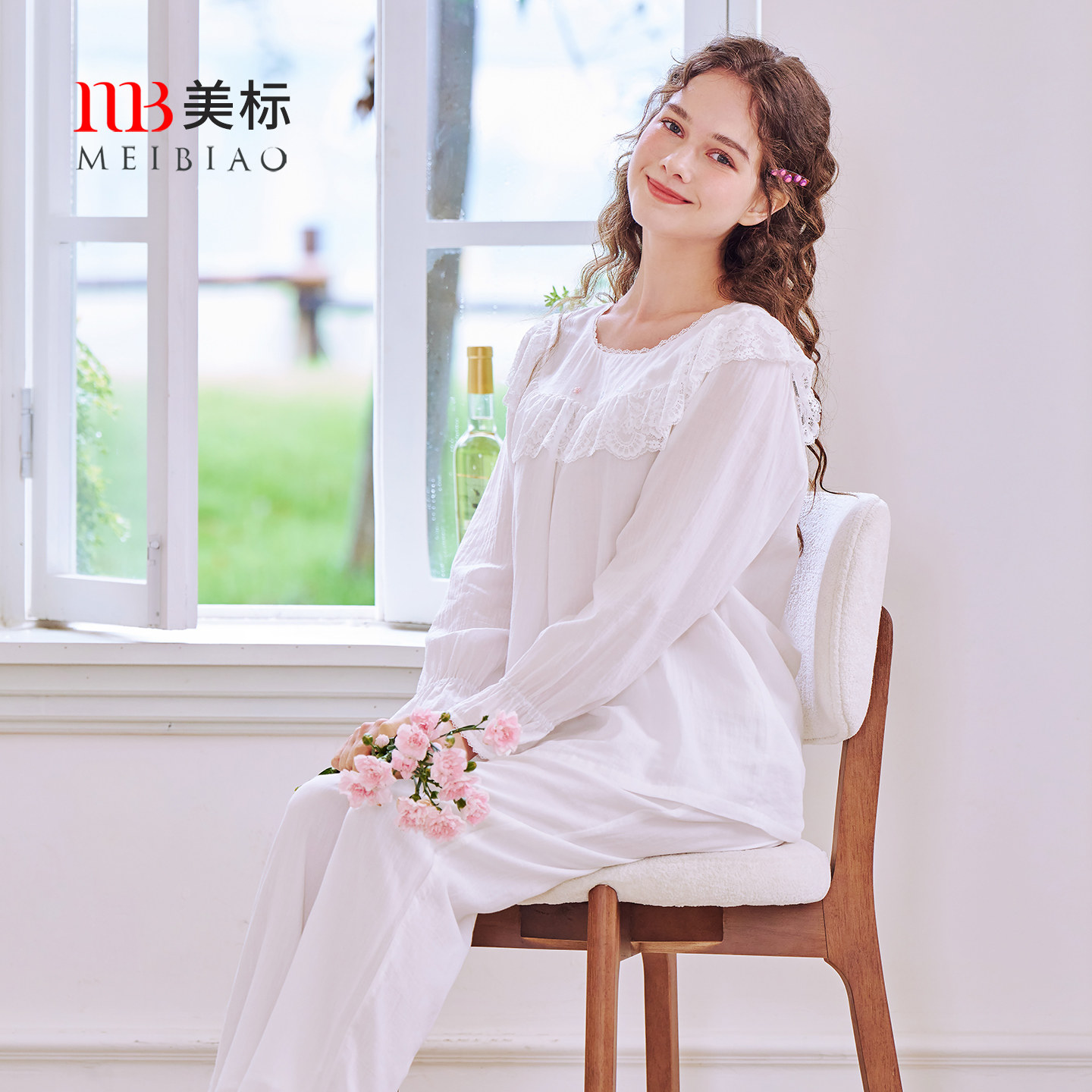 美标新款春秋长袖纯棉睡衣套装女公主风刺绣全棉质可外穿家居服冬