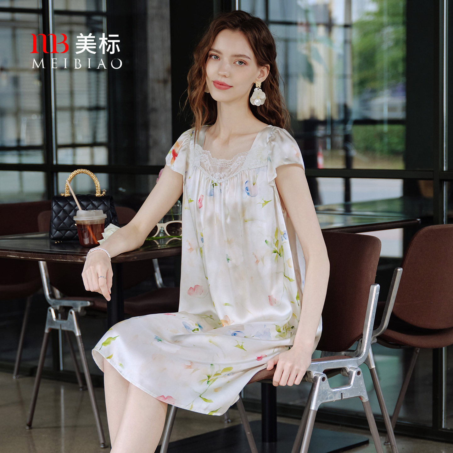 美标真丝凉感短袖印花睡裙图片