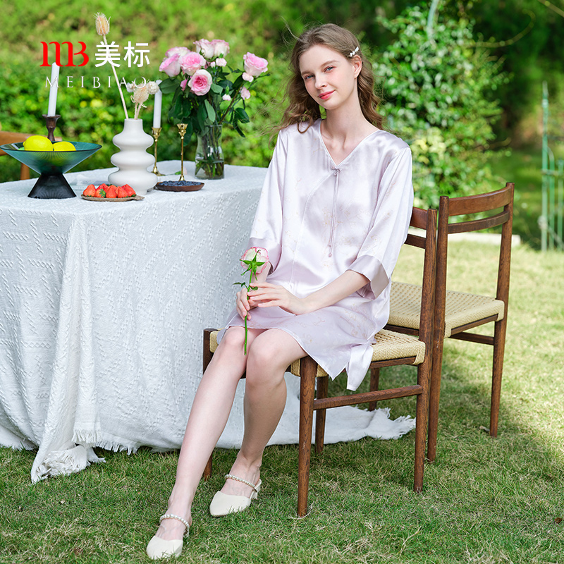 美标春夏新款七分袖真丝睡裙新中式中国风100%桑蚕丝睡衣家居服秋