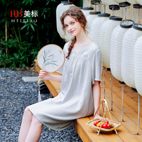 美标纯棉双层棉纱短袖睡裙