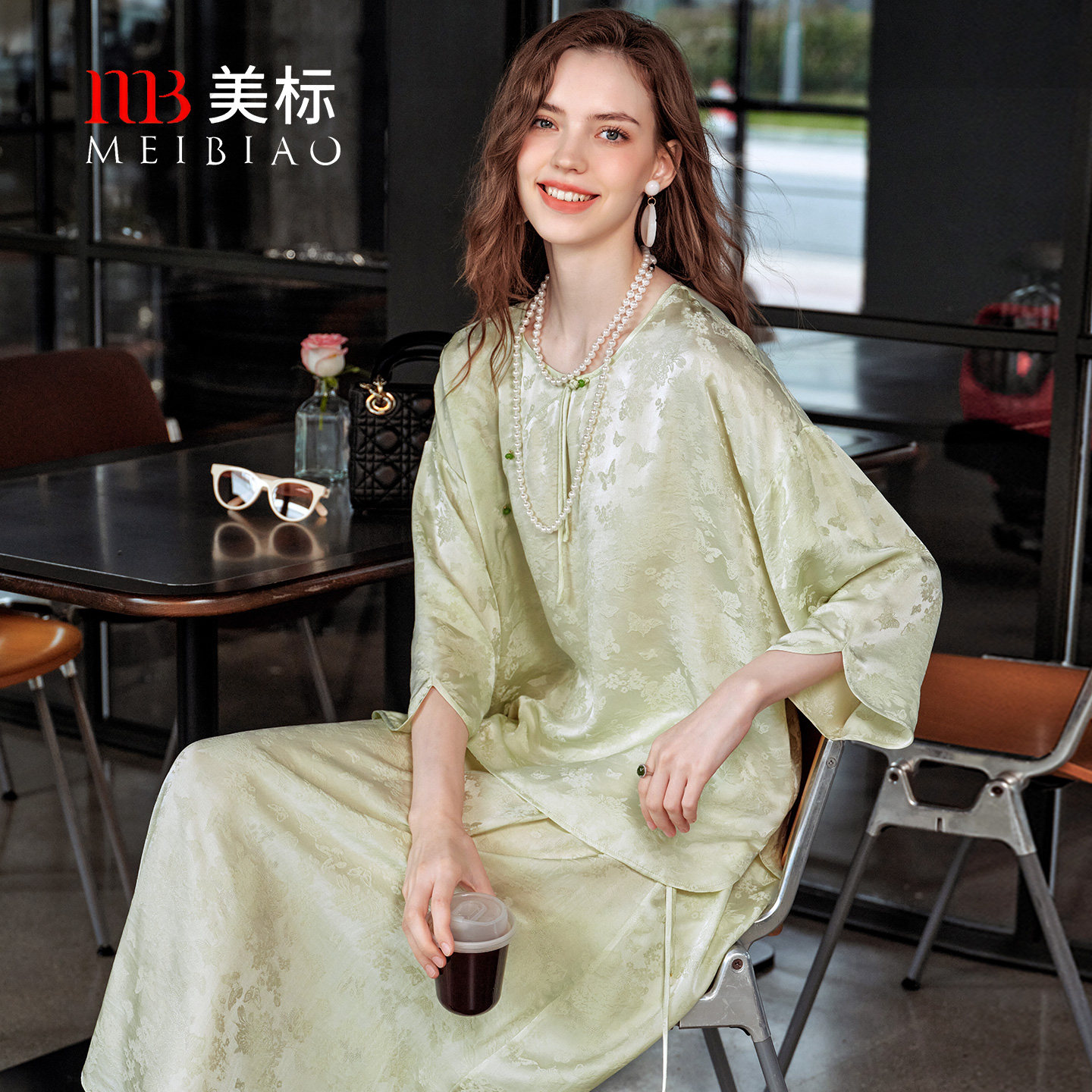 美标春夏新品中国风丝绸上衣女桑蚕丝提花半身裙可外穿睡衣家居服