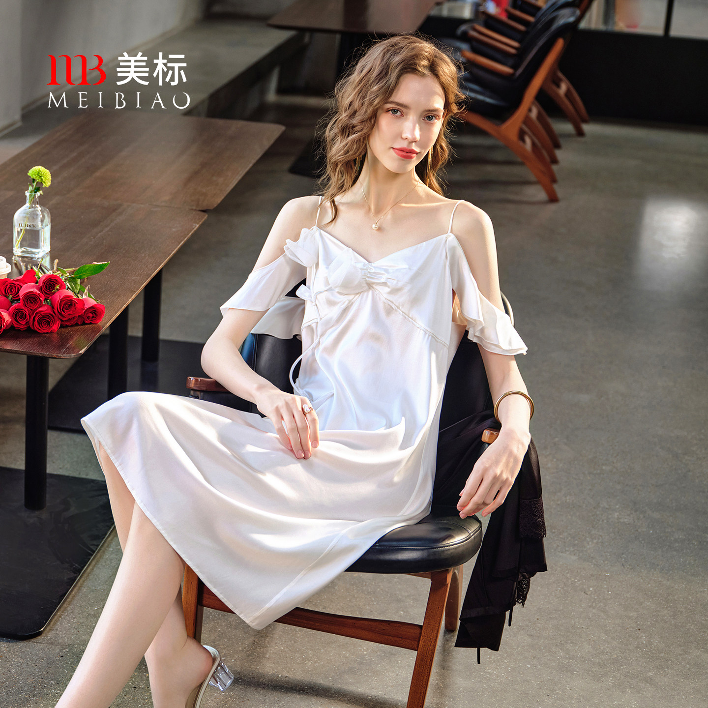 美标新款真丝吊带礼服可外穿款睡裙女夏桑蚕丝性感露肩凉感家居服