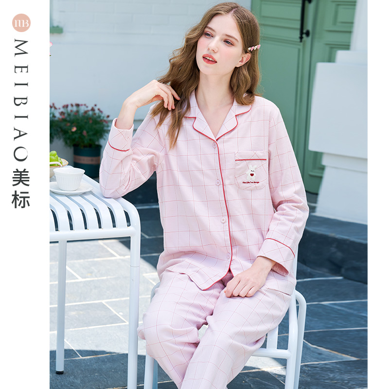 美标女士梭织磨毛棉格子睡衣套装