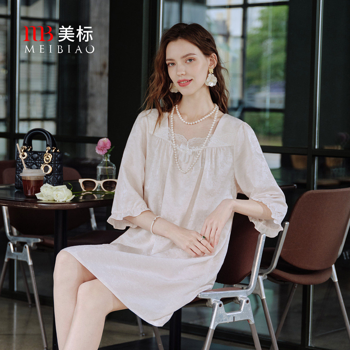 美标新款七分袖睡裙女夏性感桑蚕丝甜美蕾丝睡衣可外穿复古家居服