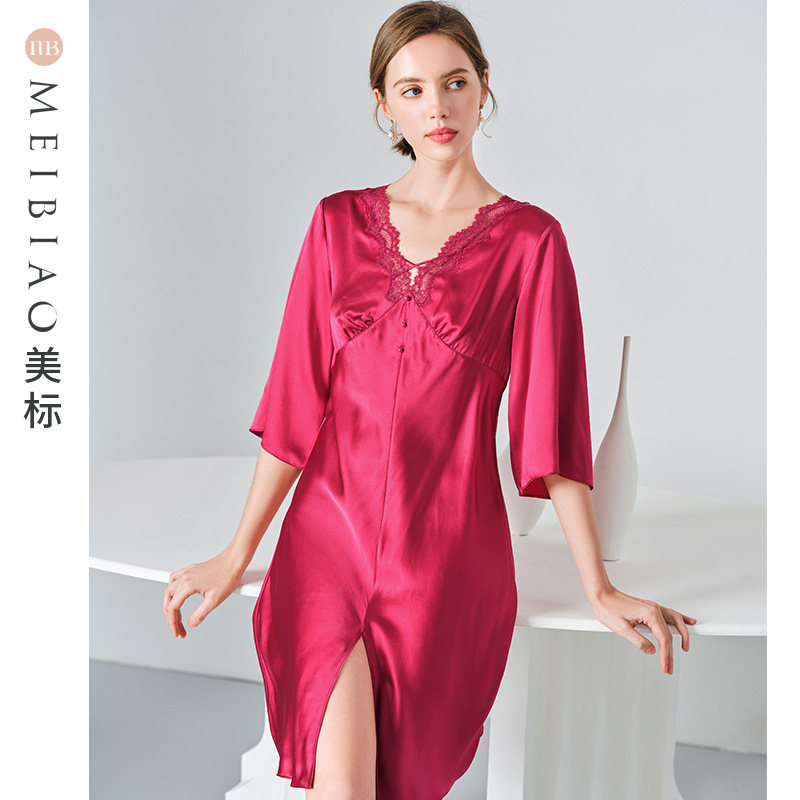 【断码清仓】美标重磅真丝睡裙女夏桑蚕丝睡衣丝绸蕾丝红色家居服