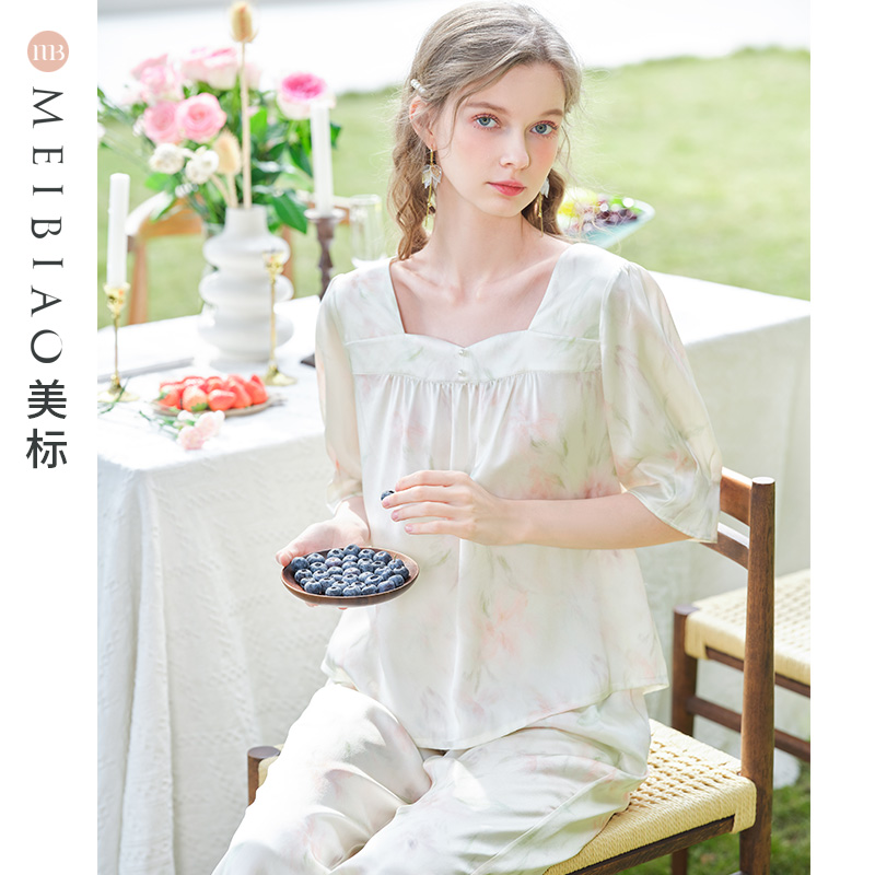 美标新款中袖真丝睡衣套装女春夏季甜美减龄丝绸6A级桑蚕丝家居服