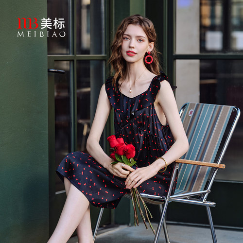 美标真丝女士夏印花无袖背心睡裙