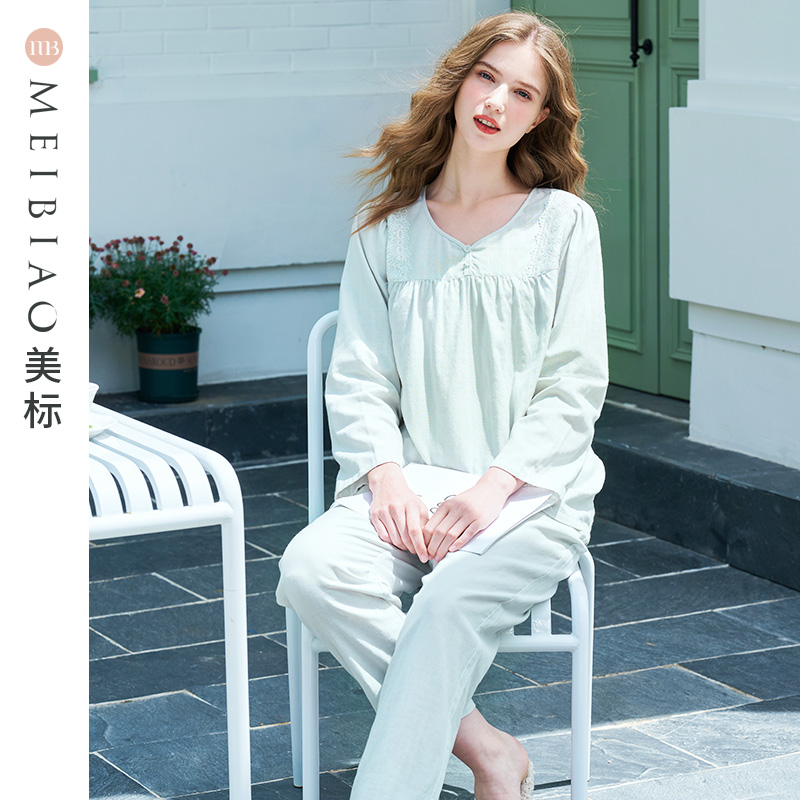 美标女士双层棉纱长袖睡衣套装