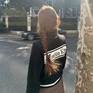 韩国Matin 女 Kim字母拼接提花针织拉链外套小众秋冬高龄毛衣开衫