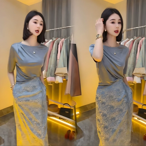 Комплект, юбка, ципао, летняя одежда, французский стиль, яркий броский стиль, изысканный стиль