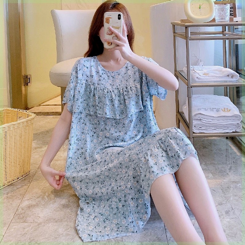 夏季防凸点睡裙女短袖宽松韩版清新薄款大码免胸垫学生棉绸家居裙