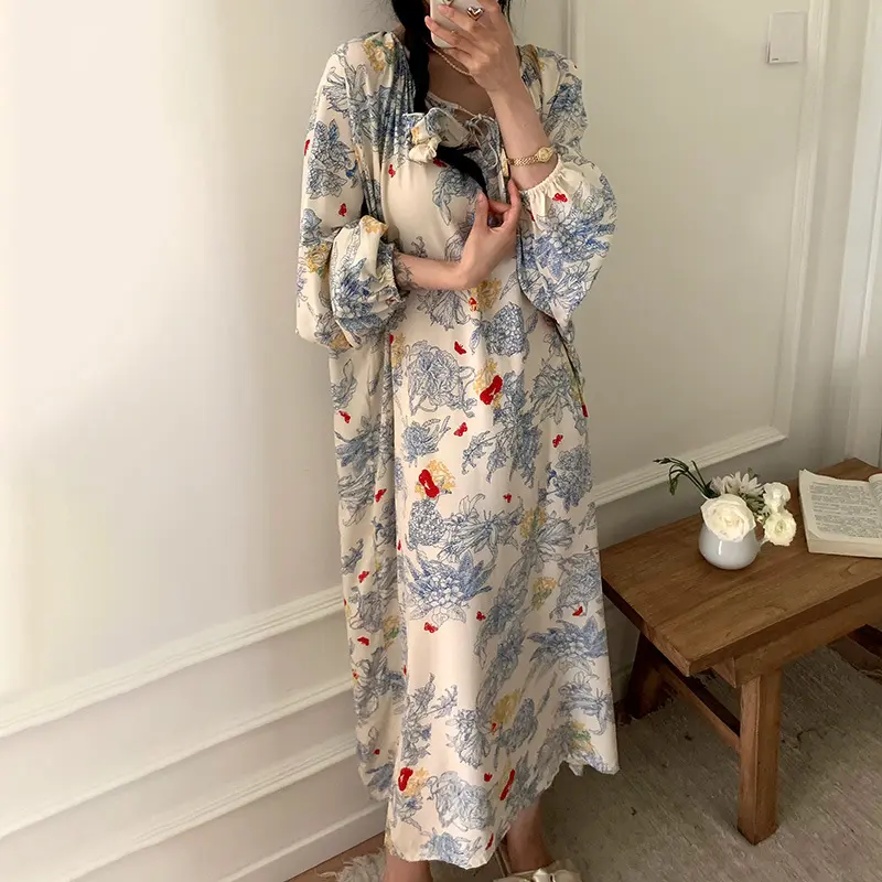 长袖睡裙女春秋夏女绵绸波西米亚风睡衣棉绸沙滩长裙家居服薄大码