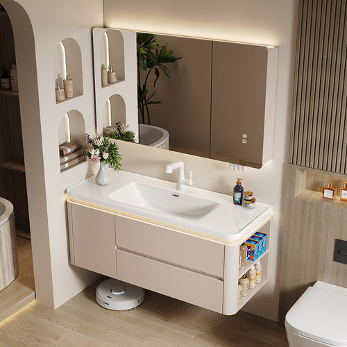 奶油风马桶侧边收纳浴室柜组合