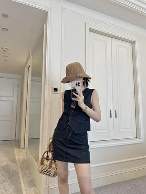 DAKUANGA 西部腔调 美式牛仔无袖马甲上衣直筒短款半身裙套装女夏