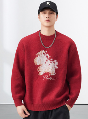 GXG卫衣男款2025马年限定贺岁圆领红色毛衣本命年宽松休闲针织衫