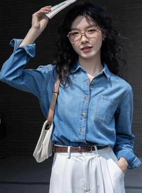韩国浅蓝色水洗牛仔衬衫女士秋季时尚高级感内搭叠穿通勤上衣外套