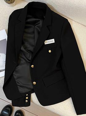 韩国黑色短款西装外套女2025春秋新款小个子设计感学院风休闲上衣