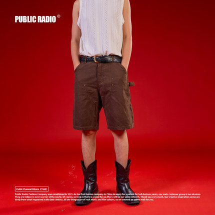 PUBLIC RADIO｜美式复古工装挂耳廓形短裤夏季直筒宽松伐木工穿搭