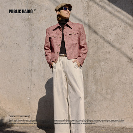 PUBLIC RADIO|美国70年代嬉皮红格纹尖领夹克伍德斯托克摇滚外套