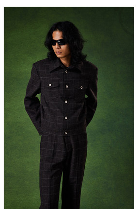 PUBLICRADIO 美式复古嬉皮士毛呢羊绒短夹克保暖格纹中性机车外套