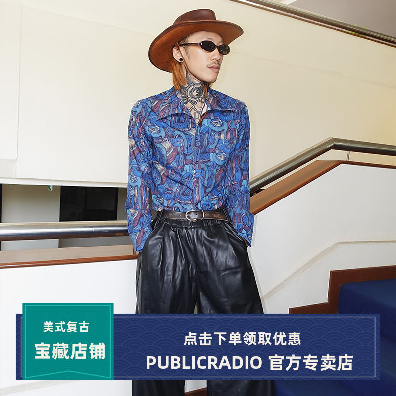 美国传统一字领长袖花衬衫