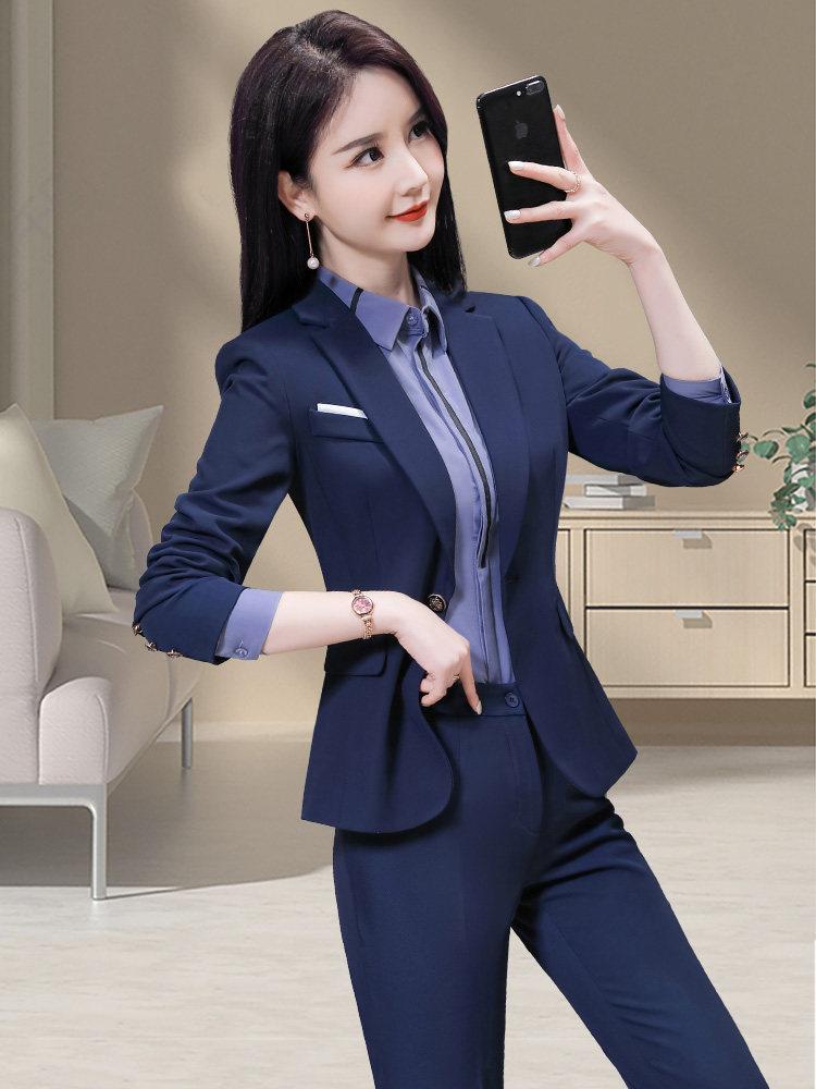 蓝色西装套装女职业装2023春秋气质女神范面试正装西服外套工作服