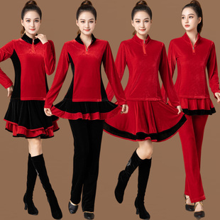 广场舞服装金丝绒套装秋冬新款拼接运动健身加厚舞蹈服裙裤女保暖