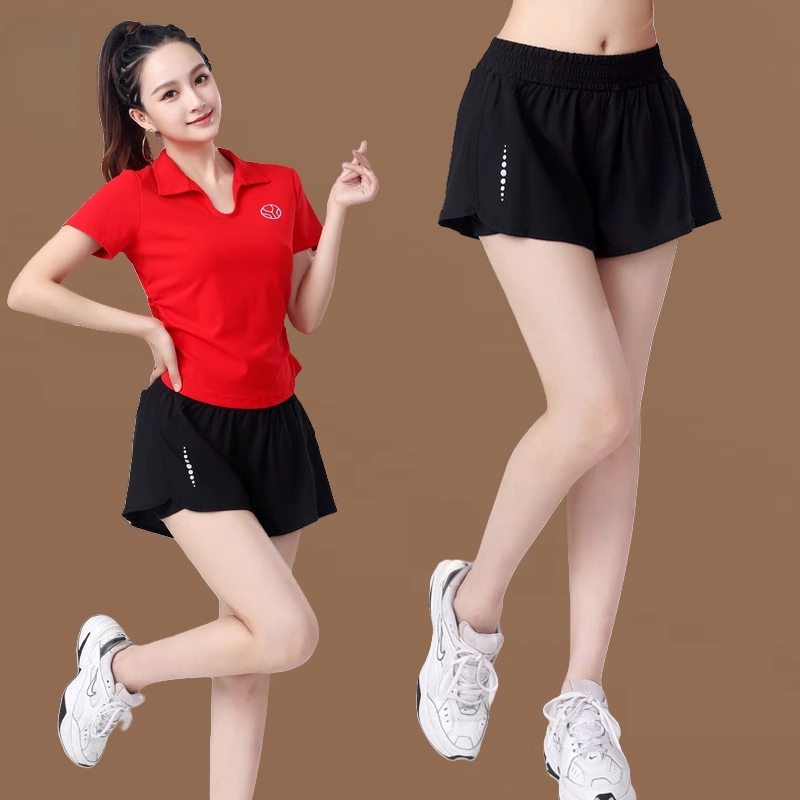 夏季女防走光跑步速干透气柔软侧口袋运动健身假两件短裤广场舞女