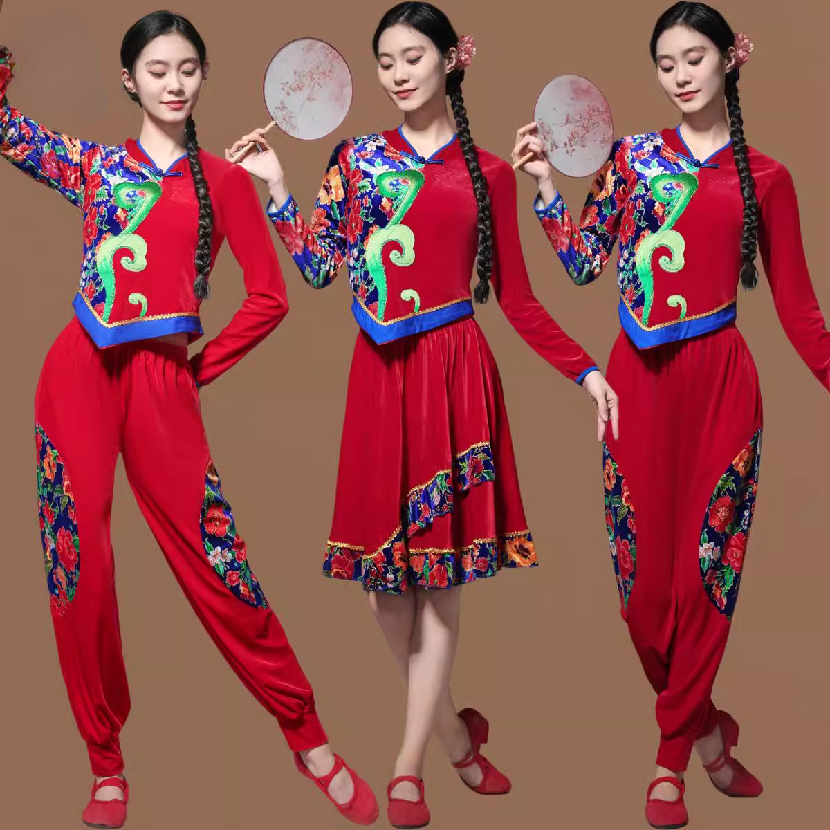 广场舞蹈服装新款套装秋冬金丝绒长袖扇子舞上衣女民族风秧歌舞