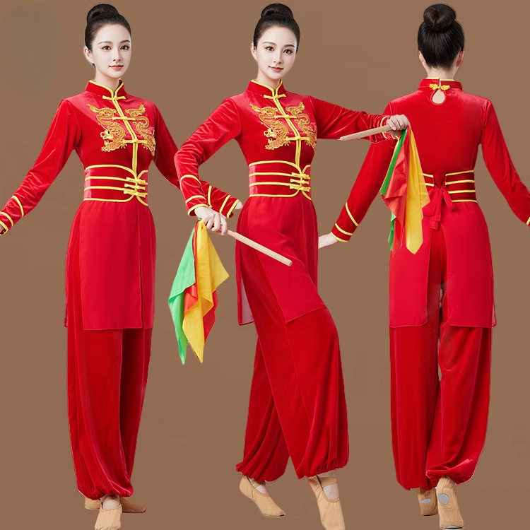 广场舞服装秋冬金丝绒长袖民族风古典打鼓服扇子舞演出秧歌表演服